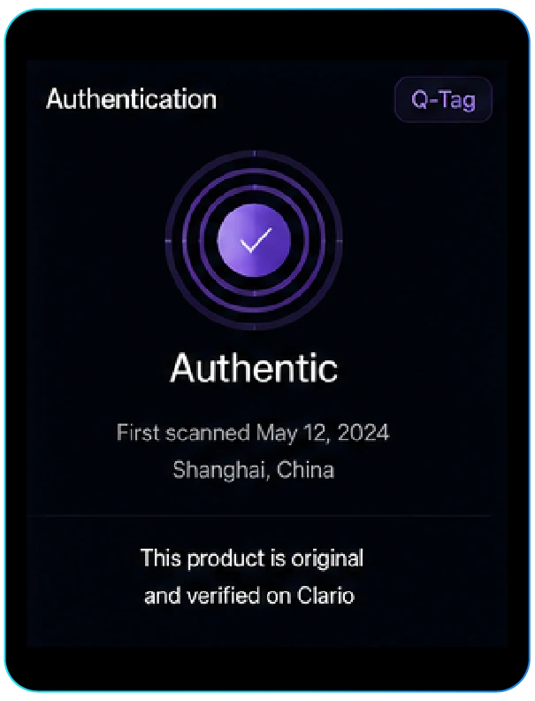 Q-Tag authentication example confirming that a product is original and verified on Clario.